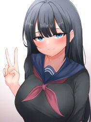 Rule 34 | 1girl, arm at side, black hair, black shirt, blue eyes, blue sailor collar, blush, breasts, closed mouth, eyelashes, gradient background, hair behind ear, hand up, large breasts, long hair, looking at viewer, minori (user eket5233), neckerchief, original, red neckerchief, sailor collar, school uniform, serafuku, shirt, smile, solo, straight hair, upper body, v