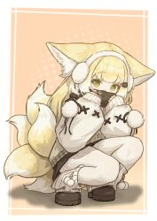 Rule 34 | 1girl, absurdres, alternate costume, animal ears, arknights, blonde hair, chack520, chinese commentary, commentary, earmuffs, fox ears, fox girl, fox tail, full body, green eyes, highres, kitsune, kyuubi, long sleeves, looking at viewer, multiple tails, pantyhose, sleeves past wrists, solo, squatting, suzuran (arknights), tail, white pantyhose