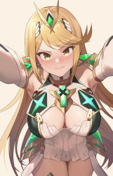Rule 34 | &gt;:), 1girl, absurdres, armor, armpits, arms up, blonde hair, blush, breasts, chest jewel, cleavage, cleavage cutout, closed mouth, clothing cutout, commentary request, cowboy shot, dress, elbow gloves, gloves, highres, large breasts, leaning forward, long hair, looking at viewer, mythra (xenoblade), outstretched arms, pov, short dress, shoulder armor, simple background, sleeveless, sleeveless dress, smile, solo, straight hair, swept bangs, tiara, very long hair, wangxiii, white dress, white gloves, xenoblade chronicles (series), xenoblade chronicles 2, yellow background, yellow eyes