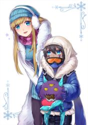 Rule 34 | 1boy, 1girl, aged down, bent over, black hair, blonde hair, blue eyes, candy, chocolate, chocolate heart, coat, commentary, dark-skinned male, dark skin, earmuffs, eating, facial mark, food, food on face, fur coat, fur collar, gloves, goggles, heart, hood, hooded jacket, jacket, knit hat, konomoto (knmtzzz), league of legends, long hair, malzahar, monster, open mouth, scarf, syndra, winter clothes