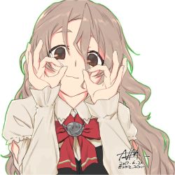 Rule 34 | 1girl, :3, bow, bowtie, brown eyes, brown hair, closed mouth, commentary request, dated, double ok sign, hair between eyes, hands up, kantai collection, long hair, long sleeves, looking at viewer, nmz (namazu), ok sign, outline, pola (kancolle), red bow, red bowtie, signature, simple background, solo, tareme, twitter username, upper body, wavy hair, white background