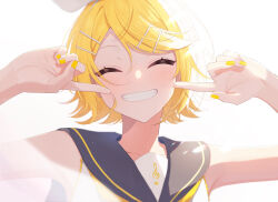 Rule 34 | 1girl, blonde hair, bow, closed eyes, hair ornament, hairclip, highres, kagamine rin, light blush, open mouth, sailor collar, shirt, sleeveless, sleeveless shirt, smile, solo, treble clef, vocaloid, white bow, yellow nails