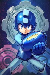 Rule 34 | 1boy, android, arm cannon, blue eyes, capcom, commentary request, gears, helmet, highres, kuroi susumu, legs apart, looking at viewer, male focus, mega man (series), mega man (character), mega man (classic), mega man 11, serious, solo, weapon