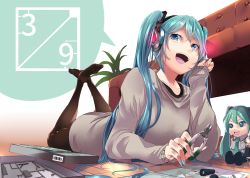 Rule 34 | 1girl, aqua eyes, aqua hair, black pantyhose, couch, elbow rest, endou (zettai bluenoid), grey shirt, hair between eyes, hatsune miku, headphones, headset, long hair, looking at viewer, lying, mikudayoo, nail polish, on stomach, open mouth, pantyhose, plant, shirt, solo, twintails, very long hair, vocaloid, wooden floor