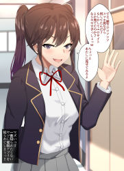 Rule 34 | 1girl, blush, bow, bowtie, breasts, brown hair, buttons, check translation, highres, jacket, looking at viewer, medium breasts, nishimori kanan, open clothes, open jacket, open mouth, original, school, school uniform, shin&#039;yashiki, shirt, skirt, translated, translation request, twintails, waving, white shirt