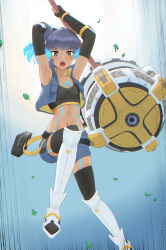 Rule 34 | 1girl, absurdres, armored boots, armpits, arms up, bare shoulders, belt pouch, black gloves, black sports bra, black thighhighs, blue hair, blue shorts, blue vest, body markings, boots, breasts, brown eyes, chest jewel, collarbone, commentary request, crop top, cropped vest, dark-skinned female, dark skin, elbow gloves, fiery hair, fingerless gloves, gauntlets, gloves, glowing lines, hammer, highres, holding, holding hammer, incoming attack, iryopura, jumping, looking at viewer, midriff, navel, open clothes, open mouth, open vest, pouch, sena (xenoblade), short shorts, shorts, side ponytail, sidelocks, skindentation, small breasts, solo, sports bra, teeth, thighhighs, upper teeth only, vest, xenoblade chronicles (series), xenoblade chronicles 3