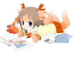 Rule 34 | 1girl, animal ears, blue eyes, blush, brown hair, copyright request, digital media player, food, furry, furry female, fuyuno mikan, looking at viewer, lying, on stomach, pocky, short hair, simple background, skirt, solo, tail, white background