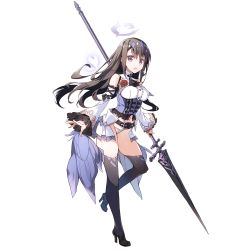 Rule 34 | 1girl, black footwear, brown eyes, brown hair, dennou tenshi djibril, detached sleeves, full body, hair ornament, halo, high heels, holding, holding weapon, lance, long hair, official art, open mouth, polearm, solo, thighhighs, transparent background, weapon
