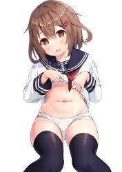 Rule 34 | 1girl, absurdres, black sailor collar, black skirt, black thighhighs, blush, brown eyes, brown hair, collarbone, feet out of frame, hair between eyes, hair ornament, hairclip, highres, ikazuchi (kancolle), kantai collection, long sleeves, neckerchief, no pants, open mouth, pleated skirt, red neckerchief, sailor collar, school uniform, serafuku, short hair, simple background, skirt, solo, thighhighs, white background, yuuzaki