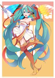 Rule 34 | 1girl, absurdly long hair, antenna hair, aqua eyes, aqua hair, arm up, boots, character name, choker, circle skirt, dated commentary, dress, elbow gloves, english text, flag, flagpole, full body, gloves, goodsmile racing, gradient footwear, hair between eyes, hatsune miku, headset, highres, holding, holding flag, holding pole, kusunokimizuha, leg up, long hair, looking at viewer, multicolored hair, open mouth, orange background, orange footwear, pole, race queen, racing miku, racing miku (2016), rainbow print, red choker, red gloves, red hair, simple background, smile, solo, standing, standing on one leg, strapless, strapless dress, streaked hair, teeth, thigh boots, twintails, upper teeth only, very long hair, vocaloid, wavy hair, white dress