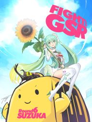 Rule 34 | 1girl, artist name, bare shoulders, beetle, blush, boots, breasts, bug, cloud, commentary request, covered navel, day, detached sleeves, dress, flower, frills, goodsmile racing, gradient hair, green eyes, green hair, hair flower, hair ornament, hatsune miku, high heel boots, high heels, highres, holding, insect, logo, long hair, looking at viewer, medium breasts, multicolored hair, open mouth, outdoors, short dress, signature, sky, smile, solo, sunflower, thigh boots, thighhighs, tony taka, twintails, vocaloid, zettai ryouiki