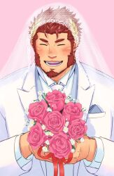 Rule 34 | 1boy, bara, beard, blush, bouquet, bridal veil, claude (housamo), closed eyes, collared shirt, commentary request, daisy, facial hair, flower, formal, full beard, holding, holding bouquet, male focus, muscular, muscular male, necktie, open mouth, pink background, pink flower, pink rose, pocket square, red hair, red ribbon, ribbon, rose, shirt, short hair, simple background, smile, solo, suit, thick eyebrows, tokyo houkago summoners, unplugged line, upper body, veil, white necktie, white shirt, white suit