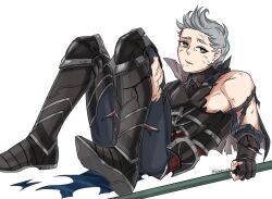 Rule 34 | 1boy, armor, armored boots, boots, broken armor, fire emblem, fire emblem fates, green eyes, grey hair, highres, holding, holding polearm, holding weapon, lying, male focus, nintendo, on back, polearm, quiff, scar, silas (fire emblem), torn clothes, val mey, weapon