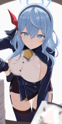Rule 34 | 1girl, :t, absurdres, ako (blue archive), bell, black garter straps, black skirt, black thighhighs, blue archive, blue eyes, blue hair, blue jacket, blurry, blurry foreground, blush, breasts, depth of field, edible sus, garter straps, hair between eyes, halo, highres, hina (blue archive), jacket, large breasts, leaning forward, looking at viewer, miniskirt, neck bell, paper stack, pencil skirt, pout, pov, shirt, sideboob, sideless shirt, skirt, solo, thighhighs, white shirt