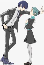 Rule 34 | 1boy, 1girl, against wall, aqua hair, blouse, blue hair, eye contact, from side, full body, grey background, hand on own hip, height difference, kabedon, leaning forward, loafers, looking at another, own hands together, pantyhose, persona, persona 3, profile, school uniform, shirt, shoes, short hair, simple background, skirt, standing, sutei (giru), white pantyhose, white shirt, yamagishi fuuka, yuuki makoto (persona 3)