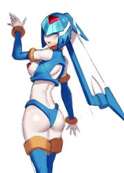 Rule 34 | 1girl, android, ass, blue eyes, blue panties, blue thighhighs, blush, bodysuit, bracelet, breasts, capcom, covered erect nipples, cowboy shot, female focus, helmet, highres, inti creates, jewelry, large breasts, fairy leviathan (mega man), looking at viewer, looking back, mega man (series), mega man zero (series), panties, parted lips, pasties, simple background, sketch, smile, solo, thighhighs, ukimukai, underwear, waving, white background, white bodysuit