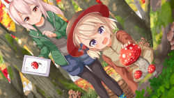 Rule 34 | 2girls, ame., ayanami (azur lane), azur lane, basket, black legwear, blue footwear, blue shorts, blush, boots, brown eyes, brown shirt, brown vest, commentary request, day, fly agaric, forest, green jacket, grey shirt, hair between eyes, headgear, highres, holding, jacket, pantyhose under shorts, light brown hair, long hair, multiple girls, mushroom, nature, open clothes, open jacket, open mouth, outdoors, pantyhose, parted lips, pointy ears, ponytail, purple eyes, shirt, short shorts, shorts, standing, tree, vest, z23 (azur lane)