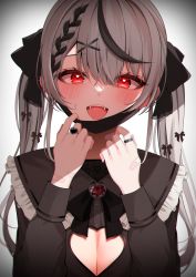 Rule 34 | 1girl, bandaid, black hair, blush, bow, bowtie, breasts, cleavage, cleavage cutout, clothing cutout, fangs, frilled shirt, frills, grey hair, hair ornament, heart, heart-shaped pupils, highres, hololive, jewelry, large breasts, looking at viewer, mask, mouth mask, multicolored hair, namagome negi, open mouth, red eyes, ring, sakamata chloe, shirt, smile, solo, streaked hair, sweat, symbol-shaped pupils, twintails, virtual youtuber, x hair ornament
