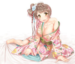 Rule 34 | 10s, 1girl, arm support, bare shoulders, barefoot, blush, breasts, brown hair, cleavage, collarbone, female focus, full body, hair ornament, japanese clothes, kimono, kitiroku, large breasts, long hair, love live!, love live! school idol festival, love live! school idol project, minami kotori, side ponytail, smile, solo, white background, yellow eyes