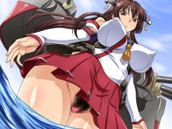 Rule 34 | 10s, 1girl, anchor, bad id, bad pixiv id, breasts, brown eyes, brown hair, censored, covered erect nipples, detached sleeves, female pubic hair, flower, from below, hair between eyes, hair flower, hair ornament, heart, heart censor, huge breasts, kantai collection, long hair, looking at viewer, maeda r44, moderate pubic hair, pubic hair, puffy nipples, pussy, skirt, smile, solo, thick thighs, thighs, wading, wide hips, yamato (kancolle)