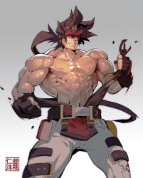 Rule 34 | 1boy, abs, alternate costume, bara, bare pectorals, belt buckle, brown hair, buckle, feet out of frame, fingerless gloves, gloves, guilty gear, harness, headgear, large pectorals, long hair, male focus, muscular, na insoo, navel, nipples, pectorals, pelvic curtain, ponytail, shiny skin, simple background, sol badguy, solo, spiked hair, tearing clothes, thick thighs, thighs, tight clothes, topless male, torn clothes, yellow eyes