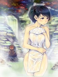 Rule 34 | 1boy, 1girl, black hair, blush, breasts, brown eyes, bubuzuke, covering breasts, covering privates, kisuke, mixed-sex bathing, momohime, monkey, naked towel, nude, nude cover, oboro muramasa, onsen, partially submerged, ponytail, shared bathing, sideboob, sitting, sitting on head, sitting on person, towel, wet, wide hips