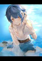 Rule 34 | 1boy, ari (bleum), artist name, asymmetrical hair, barefoot, belt, blue hair, blue shorts, blue sky, blush, brown belt, center frills, commentary, day, earrings, frilled shirt, frilled sleeves, frills, genshin impact, hair between eyes, hand up, highres, in water, jewelry, letterboxed, long sleeves, looking at viewer, male focus, outdoors, parted lips, partially submerged, shirt, short hair, short shorts, shorts, sidelocks, single earring, sitting, sky, smile, solo, tassel, tassel earrings, twitter username, wariza, water, wet, wet clothes, wet shirt, white shirt, wide sleeves, xingqiu (genshin impact), yellow eyes