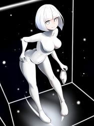 Rule 34 | 1girl, absurdres, black background, bob cut, bodysuit, breasts, collarbone, commentary request, commission, covered navel, highres, holding, holding mask, impossible bodysuit, impossible clothes, in container, j.c.14, large breasts, leaning forward, looking at viewer, mask, original, pixiv commission, short hair, skin tight, smile, solo, standing, white bodysuit, white eyes, white hair, zentai