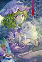 1girl animal armband blonde_hair cat closed_mouth commentary_request cup dress hat highres holding holding_animal holding_cat long_sleeves looking_at_viewer maribel_hearn medinki medium_hair mob_cap mug orange_eyes purple_dress sitting smile solo touhou traditional_media upper_body wavy_hair white_cat white_hat