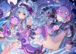 1girl ai_xiao_meng apron blue_hair dango_milk_(genshin_impact) detached_sleeves frilled_hairband frills genshin_impact geta hairband hand_fan highres holding holding_fan japanese_clothes kimono long_hair looking_at_viewer purple_eyes purple_kimono short_kimono sleeveless sleeveless_kimono socks white_apron white_socks yumemizuki_mizuki