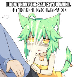 Rule 34 | 1boy, 1girl, absurdres, ahoge, animal ear fluff, animal ears, bad id, bad pixiv id, bare shoulders, bell, black pants, blue shirt, breasts, camisole, cat ears, cat girl, cat tail, cleavage, collarbone, commentary request, cum, english text, facial, green hair, greenteaneko, greenteaneko-chan, hair between eyes, highres, jingle bell, long hair, long sleeves, orange eyes, original, out of frame, pants, parted lips, shaded face, shirt, simple background, small breasts, solo focus, tail, tail bell, tail ornament, tail raised, white background, yellow camisole