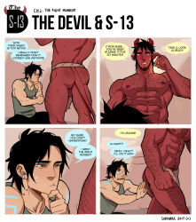 Rule 34 | 2boys, 4koma, abs, absurdres, ass, bara, beard stubble, black hair, brown eyes, closed mouth, colored skin, comic, demon tail, dominique (the devil and s-13), ear piercing, english text, facial hair, fundoshi, hand on own chin, highres, japanese clothes, leg hair, male focus, motion lines, multiple boys, muscular, muscular male, nipples, open mouth, pectorals, piercing, pointy ears, red skin, short hair, speech bubble, square 4koma, steen (the devil and s-13), stubble, suyohara, sweatdrop, tail, the devil and s-13, thinking, yaoi
