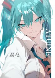 Rule 34 | 1girl, aqua eyes, aqua hair, blue neckwear, blurry, breasts, cleavage, closed mouth, depth of field, female focus, hair between eyes, hatsune miku, highres, kunreishiki, licking lips, long hair, long sleeves, looking at viewer, matching hair/eyes, medium breasts, no bra, open clothes, open shirt, romaji text, sakusya2honda, simple background, smile, smirk, solo, sweat, tongue, tongue out, twintails, upper body, vocaloid, white background