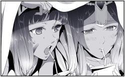 Rule 34 | 2girls, bonkara (sokuseki maou), circlet, dark-skinned female, dark skin, drinking, facial tattoo, fate/grand order, fate (series), greyscale, long hair, monochrome, multiple girls, nitocris (fate), nitocris (swimsuit assassin) (second ascension) (fate), open mouth, scheherazade (fate), straw, tattoo