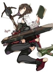 Rule 34 | 10s, 1girl, aircraft, airplane, bike shorts, bike shorts under skirt, blush, bow (weapon), brown eyes, brown hair, clip (weapon), crossbow, from below, headband, headgear, holding, holding weapon, jumping, kantai collection, karei (hirameme), looking at viewer, looking down, pleated skirt, red skirt, short hair, shorts, shorts under skirt, simple background, skirt, solo, taihou (kancolle), thighhighs, weapon, white background