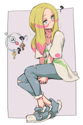 Rule 34 | 1girl, ?, betuni, blonde hair, blue eyes, closed mouth, collarbone, commentary, creatures (company), eyelashes, facepaint, game freak, gen 6 pokemon, gen 7 pokemon, grey eyes, interlocked fingers, klefki, long hair, mina (pokemon), nintendo, oversized clothes, oversized shirt, own hands together, pants, pokemon, pokemon (creature), pokemon sm, shirt, shoes, short sleeves, sneakers, torn clothes, torn pants