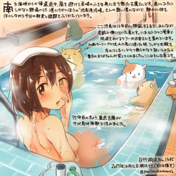 Rule 34 | 1girl, animal, bathhouse, bathing, brown eyes, brown hair, colored pencil (medium), commentary request, dated, furutaka (kancolle), hair between eyes, hamster, heterochromia, kantai collection, kirisawa juuzou, nude, numbered, open mouth, short hair, solo, traditional media, translation request, twitter username, yellow eyes