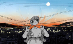 Rule 34 | 1girl, belt, bird, city, city lights, dress, dusk, gradient sky, greyscale with colored background, highres, hood, looking to the side, moon, no sclera, onobane (mogyugyu88), optical illusion, orange nails, original, sky, smile, star (sky), starry sky, tying