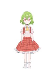 Rule 34 | 1girl, aged down, ascot, closed mouth, collared shirt, commentary request, frilled skirt, frills, full body, green hair, highres, kazami yuuka, looking at viewer, petite, plaid, plaid skirt, plaid vest, red eyes, red skirt, red vest, shirt, short hair, simple background, skirt, smile, socks, solo, standing, tohoyuukarin, touhou, vest, white background, white shirt, white socks, yellow ascot
