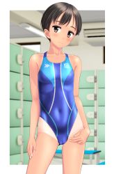 Rule 34 | 1girl, absurdres, black hair, blue one-piece swimsuit, brown eyes, cameltoe, clothes writing, collarbone, competition swimsuit, contrapposto, covered navel, cowboy shot, flat chest, groin, highres, locker, logo, looking at viewer, multicolored clothes, multicolored swimsuit, one-piece swimsuit, one-piece tan, original, short hair, solo, standing, swimsuit, takafumi, tan, tanline