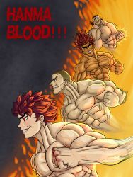 Rule 34 | 4boys, abs, absurdres, artist request, blood, brown eyes, brown hair, clenched hand, family, father and son, fighting stance, grandfather and grandson, grappler baki, hanma baki, hanma yujiro, hanma yuuchirou, highres, incoming attack, jack hanma, looking away, looking to the side, male focus, multiple boys, muscular, muscular arms, muscular male, pectorals, punching, red eyes, red hair, smile, smirk, smug, tan