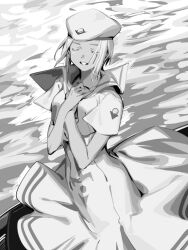 Rule 34 | 1girl, aria (manga), athena glory, closed eyes, crossed arms, dress, gloves, greyscale, hands on own chest, hat, medium hair, monochrome, orange planet uniform, solo, suiso (owp), water, white dress, white gloves