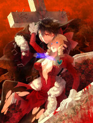 Rule 34 | 1boy, 1girl, absurdres, aqua gemstone, arm support, arm up, at knifepoint, belt, belt buckle, black belt, black gloves, black hair, black pantyhose, black robe, blonde hair, blood, blood on breasts, blue eyes, blue pupils, breasts, buckle, casket, check commentary, cleavage, collarbone, commentary, commentary request, cover, cover image, cross, dagger, dress, evil grin, evil smile, feet out of frame, flower, fukushuu wo koinegau saikyou yuusha wa yami no chikara de senmetsu musou suru, fur-trimmed dress, fur trim, gem, gloves, grin, hair between eyes, hair ribbon, half-closed eye, hand on another&#039;s ear, hand on another&#039;s head, hands up, heart, heart-shaped gem, hetero, highres, holding, holding dagger, holding knife, holding weapon, hood, hood down, hooded robe, knee up, knife, large breasts, large cross, layered dress, leaning forward, long dress, long hair, long sleeves, looking at another, looking at viewer, multiple belts, nail, official art, pantyhose, parted lips, plunging neckline, princess victoria (fukushuu wo koinegau saikyou yuusha wa yami no chikara de senmetsu musou suru), puffy long sleeves, puffy sleeves, raoul evans, reclining, red background, red dress, red eyes, red flower, red ribbon, red rose, red theme, reverse grip, ribbon, ringlets, robe, rose, sakamoto akira, short hair, sideways glance, sleeve cuffs, smile, teeth, textless version, torn clothes, torn dress, torn pantyhose, transparent weapon, upper teeth only, weapon, white gloves