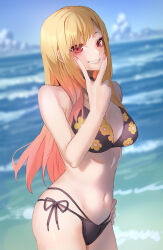 Rule 34 | 1girl, amog, bikini, black bikini, blonde hair, breasts, cleavage, day, hand on own hip, highres, jewelry, kitagawa marin, large breasts, long hair, looking at viewer, medium breasts, navel, necklace, ocean, outdoors, red eyes, sexually suggestive, smile, solo, sono bisque doll wa koi wo suru, swimsuit, teeth, v, yonic symbol