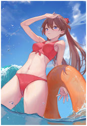 Rule 34 | 1girl, absurdres, arm above head, bare legs, bikini, bingwei huang, blue eyes, blue sky, blush, breasts, brown hair, closed mouth, collarbone, curvy, gluteal fold, hair between eyes, hair ornament, highres, holding, holding swim ring, innertube, interface headset, lips, long hair, looking at viewer, navel, neon genesis evangelion, partially submerged, red bikini, shiny clothes, sky, small breasts, smile, solo, souryuu asuka langley, standing, swim ring, swimsuit, twintails, wading, water, wet