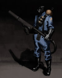 Rule 34 | 1boy, absurdres, black footwear, black gloves, blu pyro (tf2), blue bodysuit, bodysuit, boots, explosive, flamethrower, full body, gas mask, gloves, grenade, highres, holding, holding weapon, ibumuc, male focus, mask, pyro (tf2), solo, standing, team fortress 2, weapon