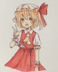 Rule 34 | 1girl, absurdres, ascot, blonde hair, collared shirt, cowboy shot, cropped legs, fang, flandre scarlet, frilled sleeves, frills, hat, highres, looking at viewer, medium hair, mob cap, one side up, open mouth, puffy short sleeves, puffy sleeves, red eyes, red ribbon, red skirt, red vest, ribbon, shirt, short sleeves, skin fang, skirt, sleeve ribbon, solo, touhou, traditional media, v, v-shaped eyebrows, vest, white hat, white shirt, wrist cuffs, yellow ascot, yoizumi