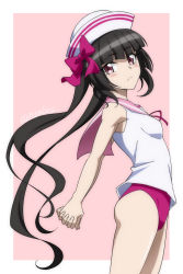 Rule 34 | 1girl, arm behind back, ass, bare arms, bikini, bikini under clothes, black hair, blunt bangs, blush, border, bow, breasts, brown eyes, closed mouth, collared shirt, floating hair, from side, frown, hair bow, hat, highres, long hair, looking at viewer, miyabi mt-b, neck ribbon, outside border, own hands clasped, own hands together, pink background, pink sailor collar, red bikini, red bow, red ribbon, ribbon, sailor collar, sailor shirt, senki zesshou symphogear, shirt, sleeveless, sleeveless shirt, small breasts, solo, standing, swimsuit, tsukuyomi shirabe, very long hair, white border, white hat, white shirt