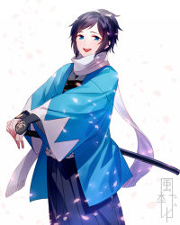 Rule 34 | 10s, :d, black hair, blue eyes, commentary request, hair ribbon, hakama, hakama pants, haori, high ponytail, highres, japanese clothes, kazari tayu, looking at viewer, male focus, mole, mole under eye, open mouth, own hands together, pants, petals, ribbon, scarf, sheath, sheathed, shinsengumi, simple background, smile, solo, sword, touken ranbu, weapon, white background, white scarf, wind, yamato-no-kami yasusada