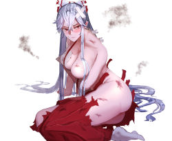 Rule 34 | 1girl, absurdres, aged up, arm support, ass, bandaid, blush, bow, breast hold, breasts, commentary request, fujiwara no mokou, hair between eyes, hair bow, highres, kikimifukuri, large breasts, long hair, looking at viewer, no nipples, no shoes, nose blush, pants, red eyes, red pants, shirt, sidelocks, silver hair, simple background, sitting, smoke, socks, solo, suspenders, sweat, thick thighs, thighs, topless, torn clothes, torn pants, torn shirt, touhou, v-shaped eyebrows, very long hair, white background, white bow, white shirt, white socks